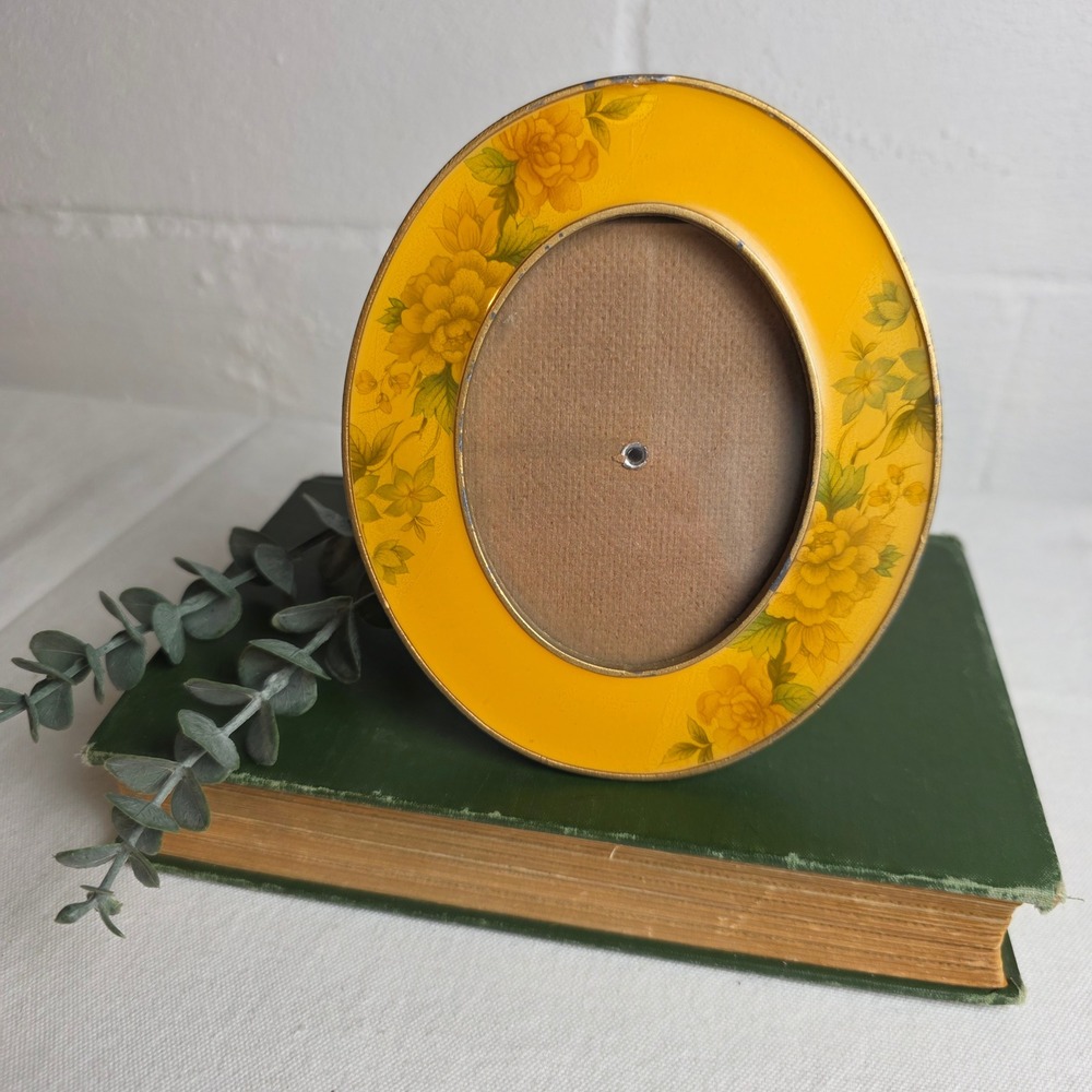 Vintage Bucklers Yellow Enamel Floral Oval Picture Frame Gold Tone Metal Easel